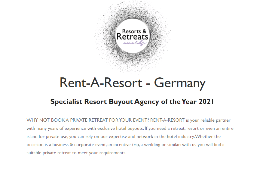 Resorts & Retreats Award 2021 goes to RENT-A-RESORT